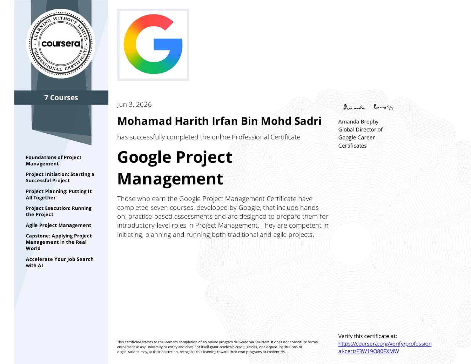 Google Project Management Specialization Certificate